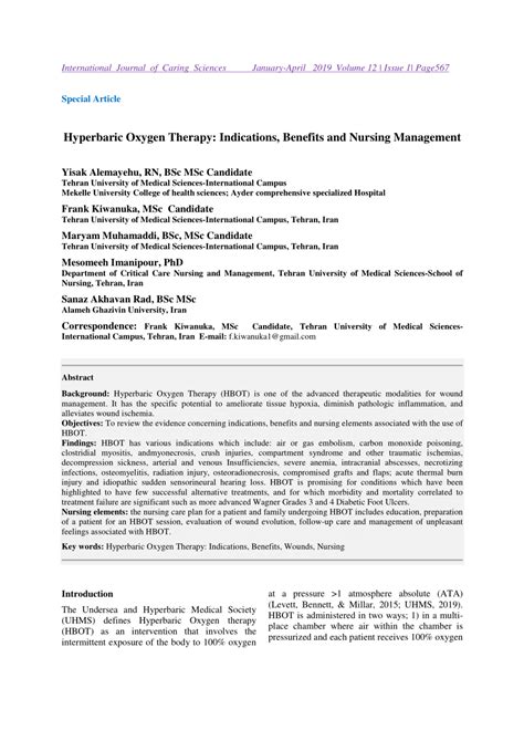 (PDF) Hyperbaric Oxygen Therapy: Indications, Benefits and Nursing ...