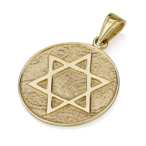 14K Yellow Gold Star of David Pendant with Textured Disk