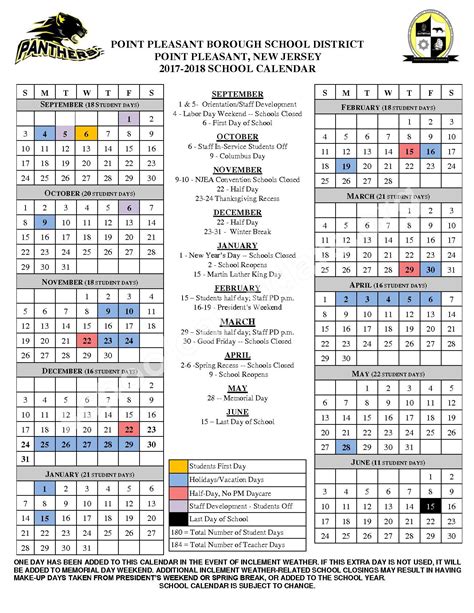 2017 - 2018 School Calendar | Point Pleasant Borough Schools – Point Pleasant, NJ