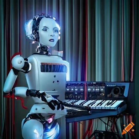 A futuristic female robot playing synthesizer surrounded by colored lights on Craiyon