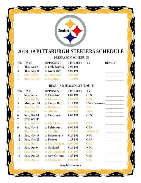 Steelers Printable Schedule