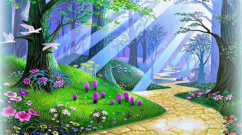 Pathway in forest, art, birds, trees, softness, paintings, paradise ...