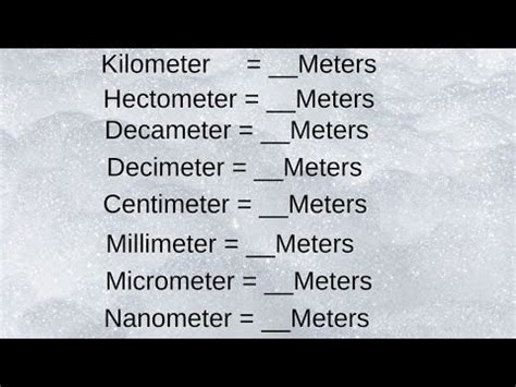 killometer, hectometer, decameter, decimeter, meter, millimeter, micrometer, nanometer to meters ...