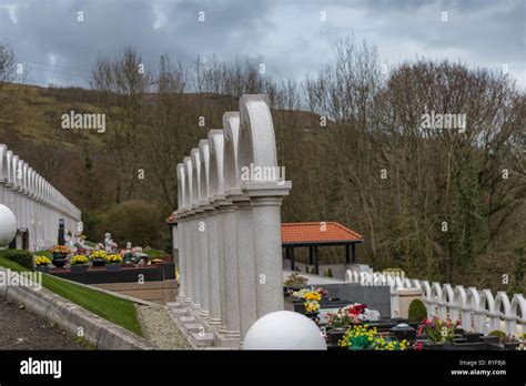 Aberfan disaster. South Wales. Aberfan cemetery with matching white arched headstones for each ...