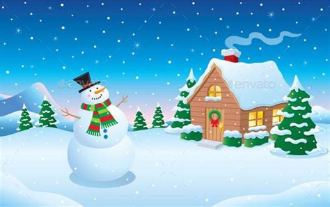 Cartoon illustration of a snow scene with snowman in top hat and scarf by a small cabin at dusk ...