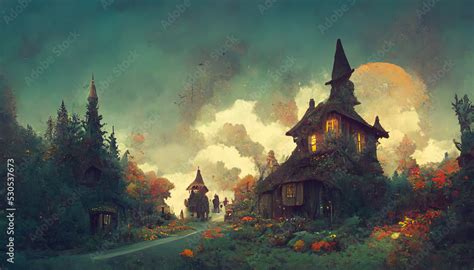 Dark Fairy Town Witch House in the Moon Night Forest. Fantasy Backdrop Concept Art Realistic ...