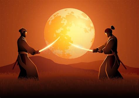 Two Samurai in Duel Stance Facing Each Other on Grass Field Stock ...