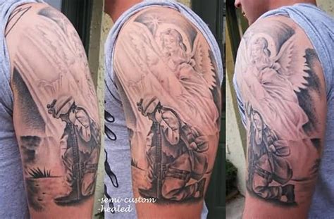 Army Soldier Angel Tattoo On Half Sleeve | Angel tattoo, Memorial ...