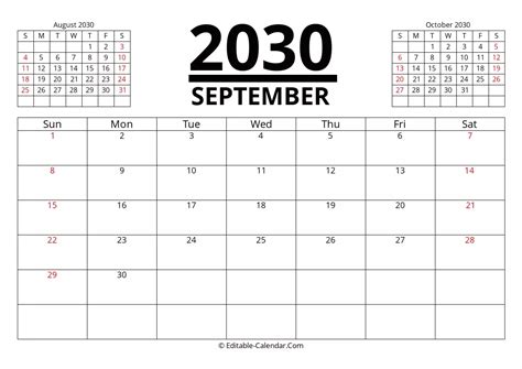 Download September 2030 Printable Calendar With Previous And Next Month ...