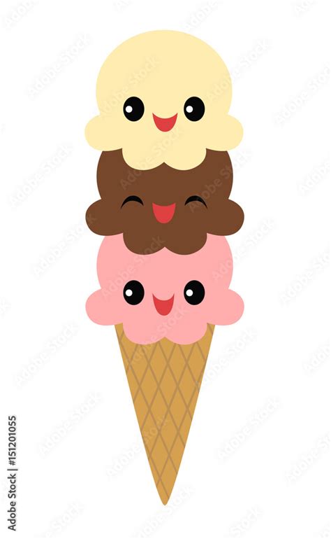 Three smiling scoops of ice cream on an ice cream cone Stock Vector ...