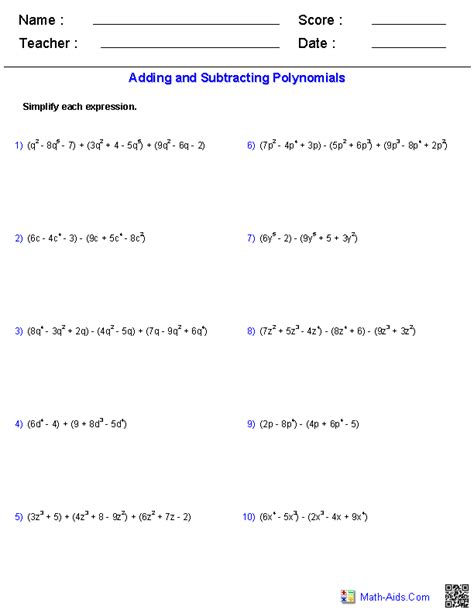 Adding And Subtracting Polynomials Printable Worksheets | Worksheets