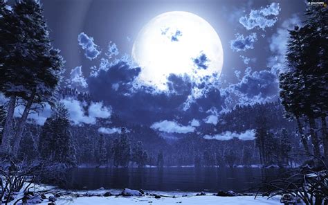 clouds, moon, lake, forest, winter - For desktop wallpapers: 2560x1600