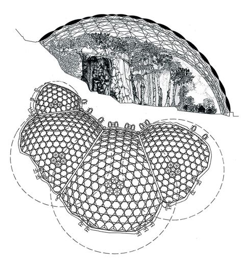 Plan and section of Grimshaw's Eden Project (1996) using eight ...