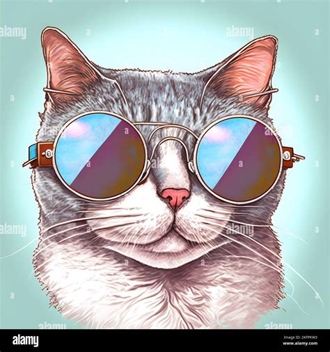 An illustrated design of a funny cat's face, wearing reflective sunglasses Stock Photo - Alamy