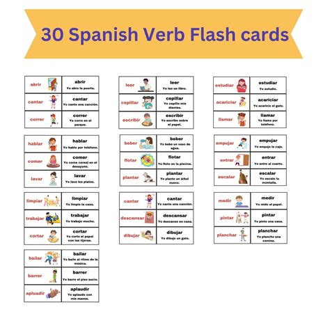 30 Flash Cards Spanish Verb for Classroom Decor Flash Cards Spanish Verb Homeschool Flash Cards ...