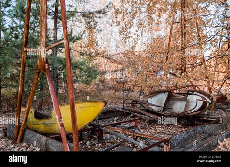 boat in an abandoned amusement park in Chernobyl Ukraine in autumn ...