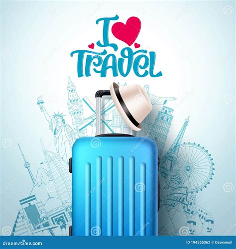 I Love Travel Vector Banner Design. I Love Travel Text and World Famous Landmarks and ...