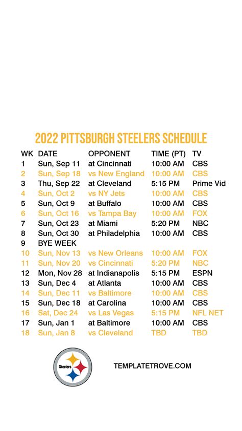 Pittsburgh Steelers Printable Schedule 2024