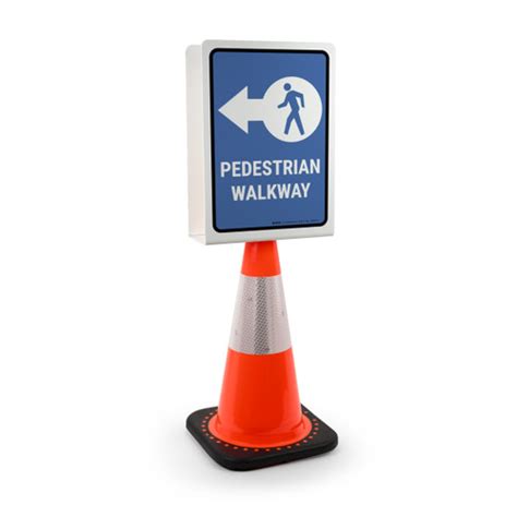 Pedestrian Access Route with Icon Arrow Left Blue Portrait - Double-Sided Cone Sign