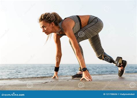 Side View of Disabled Athlete Woman with Prosthetic Leg Stock Photo ...