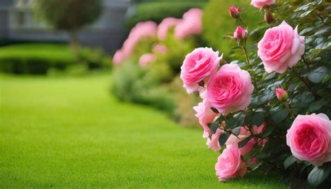 Premium Photo | Beautiful landscape design with a shrub rose on a green ...