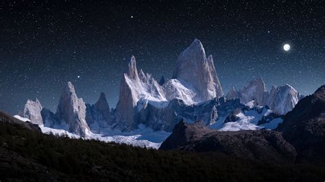 Starry Night Sky Snowy Mountain 4K #3820h Wallpaper PC Desktop