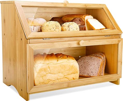 HOMEKOKO Double Layer Large Bread Box for Kitchen Counter, Wooden Large ...