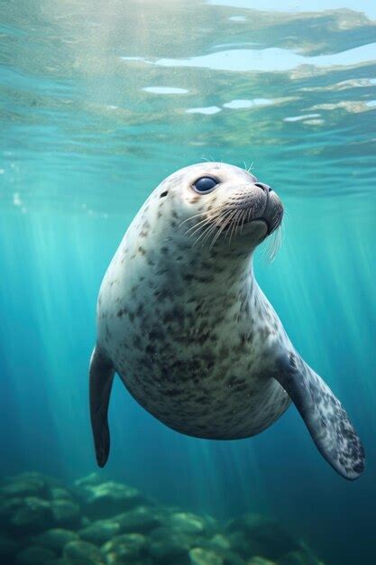 Premium AI Image | Enchanting sea poster portrait of a baby sea lion swimming on clear blue ...