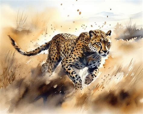 Premium AI Image | A watercolor painting of a cheetah running through the grass.