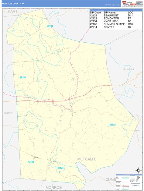 Metcalfe County, KY Zip Code Wall Map Basic Style by MarketMAPS