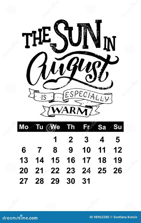 Vector Calendar for August 2018. Hand Drawn Lettering Quotes for ...