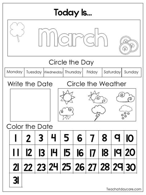 12 Printable Preschool Calendar Worksheet Pages. Month, Day, Date ...