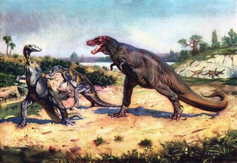 trachodon_&_tyrannosaurus_by_zdenek_burian_1938 | Dinosauri, Preistoria ...