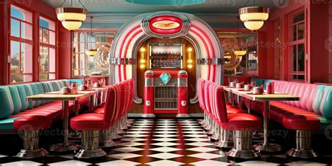 Retro vintage diner restaurant, interior design, stylish old fashioned design concept, AI ...