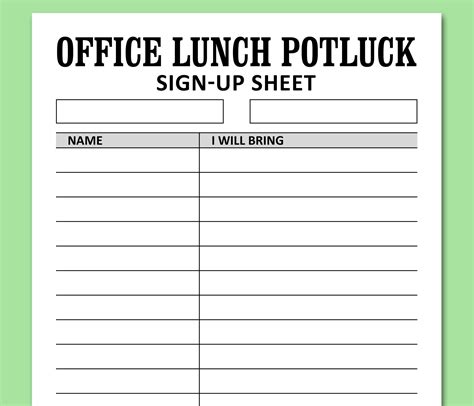 Office Lunch Potluck Sign up Sheet PRINTABLE Template, Work Gathering ...