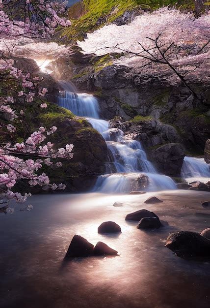 Premium Photo | Waterfall with blossom cherry like sakura flower in the forest 2D Illustration