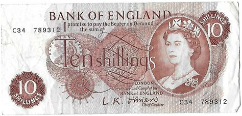 1961 - 1963 Bank of England L K O'Brien Red 10 Shilling Banknote (A01 ...