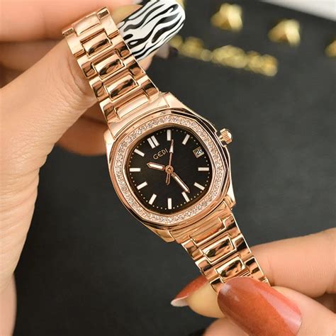 GEDI genuine square diamond studded rose gold watch Fashion urban steel ...