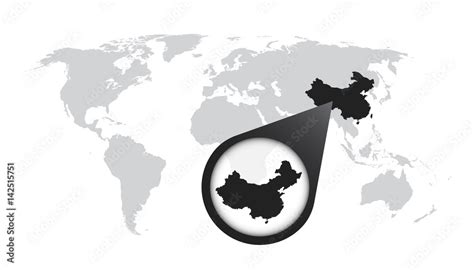 World map with zoom on China. Map in loupe. Vector illustration in flat ...