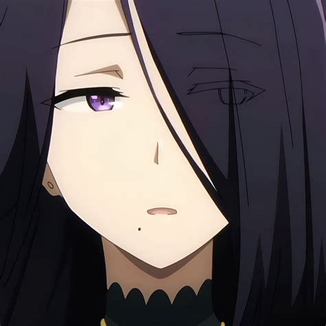 an anime character with long black hair and purple eyes looks at the ...