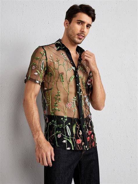 SHEIN Men Floral Embroidery Sheer Mesh Shirt | Rave outfits men, Rave ...