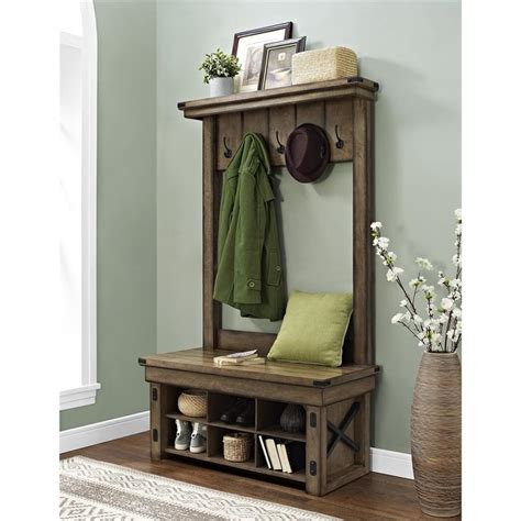 Wildwood Wood Veneer Entryway Hall Tree with Storage Bench in Rustic Gray - 5045096PCOM