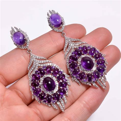 Natural Amethyst Zircon Gemstone 925 Sterling Silver Pave Jewelry Dangle Earrings – Jewels SK