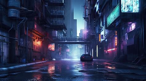 Nighttime In A Dystopian Cyberpunk City Street Art And Smog Illuminate Futuristic Setting ...