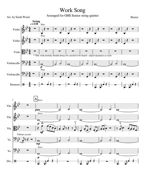 Work Song by Hozier (For string quintet) Sheet music for Violin, Drum ...