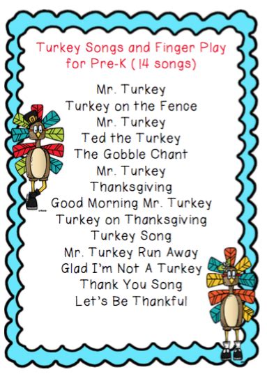 Turkey Songs and Finger Play for Pre-K ~ Preschool Printables | Turkey ...