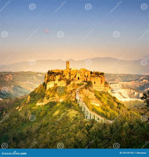 Civita Di Bagnoregio Landmark, Aerial Panoramic View on Sunset. Italy Stock Image - Image of ...