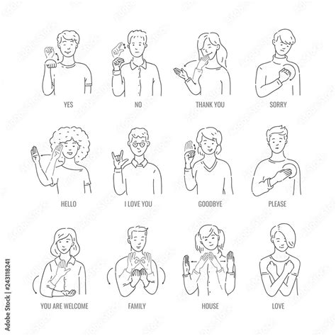 Vector men, women showing basic deaf-mute sign language symbol. Smiling sketch female, male ...