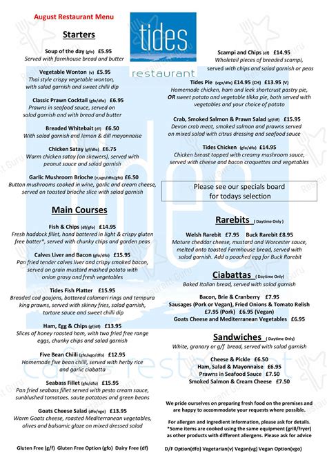 Menu at Tides cafe, Worthing