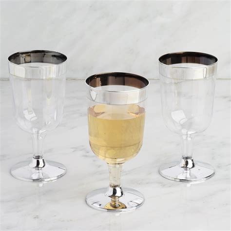 12 Pack | 6oz Chrome Silver Rim Clear Plastic Short Stem Wine Glasses, Disposable Party Cups ...